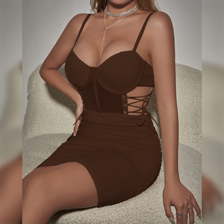 New cross-strap underwire fishtail slim-fit suspender pleated dress