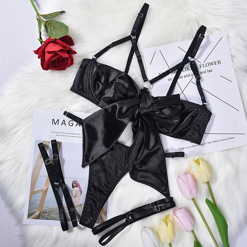 Sexy cut-out bow lingerie three-piece set