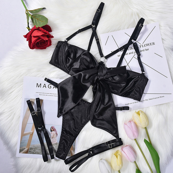 Sexy cut-out bow lingerie three-piece set