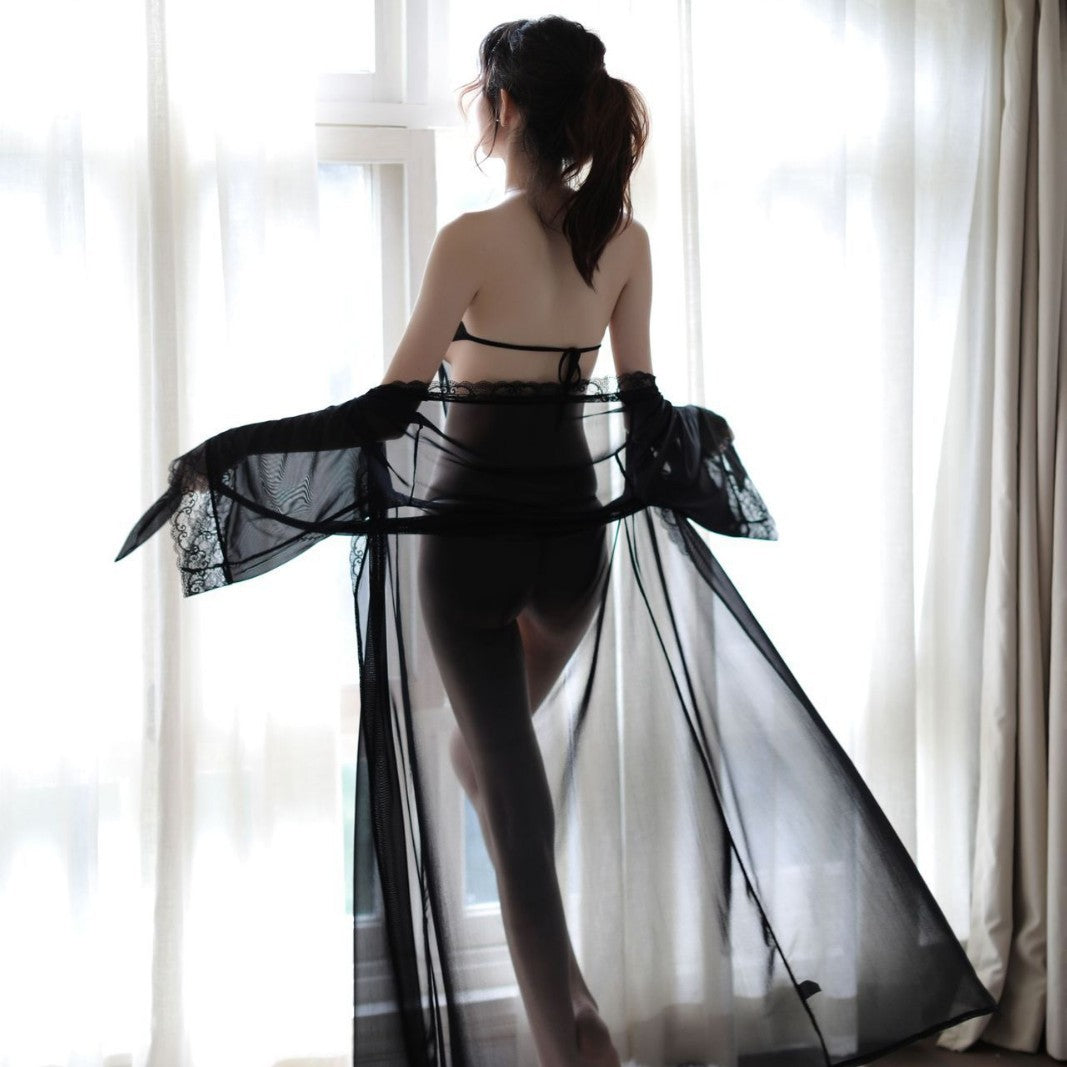 Sexy see-through maxi dress paired with lace suspender pajamas