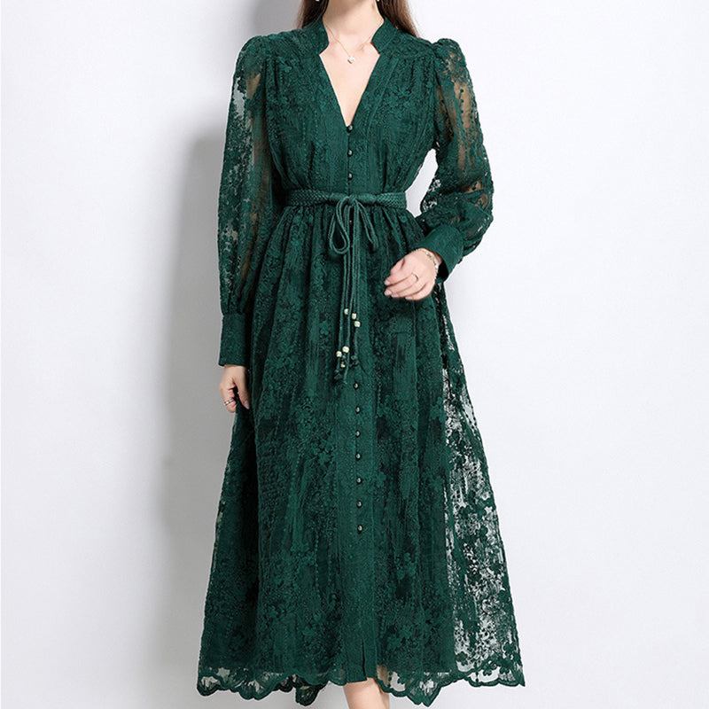 French-style embroidered V-neck dress with lantern sleeves