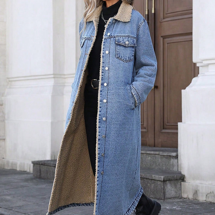Oversized, long-line, fleece-lined denim jacket