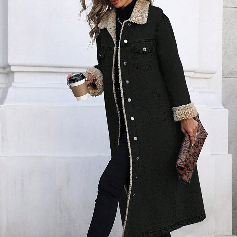 Oversized, long-line, fleece-lined denim jacket