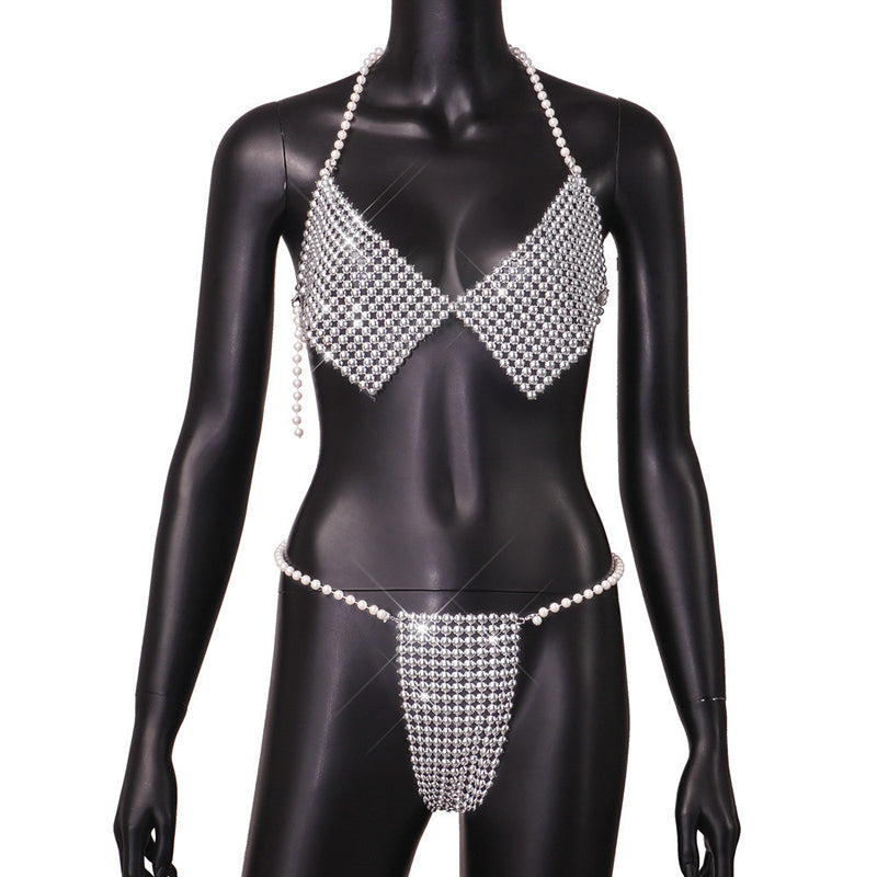 New Sexy Pearl-Embellished Halter Bikini Set