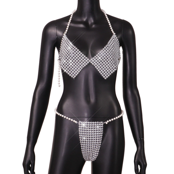 New Sexy Pearl-Embellished Halter Bikini Set