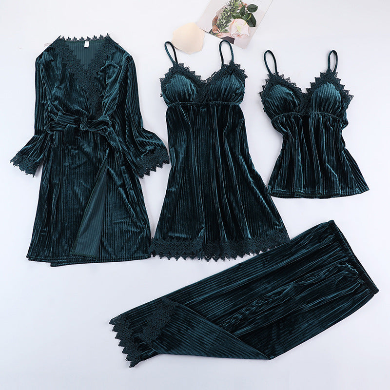Four-piece golden velvet pajama set