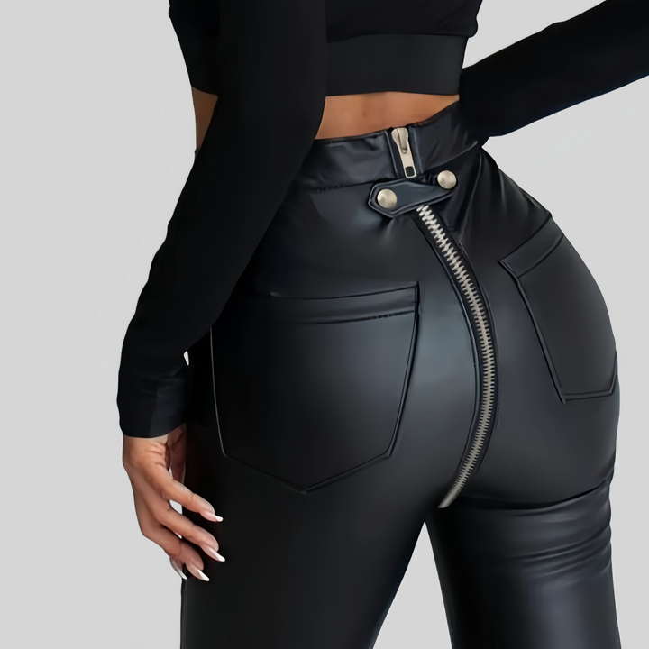 New zippered slim-fit black PU leather pants