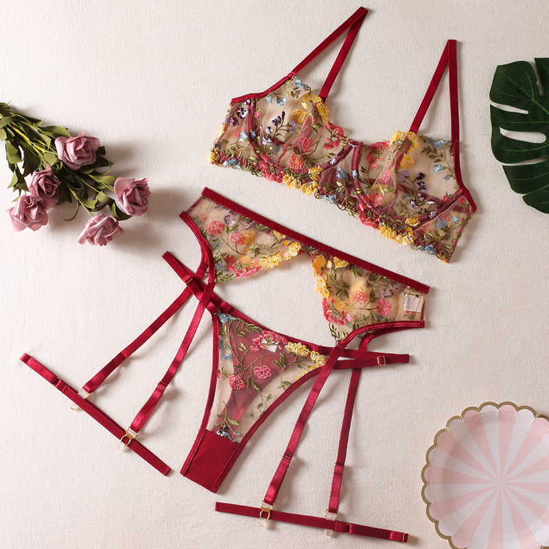 Sexy pastoral floral print lingerie three-piece set