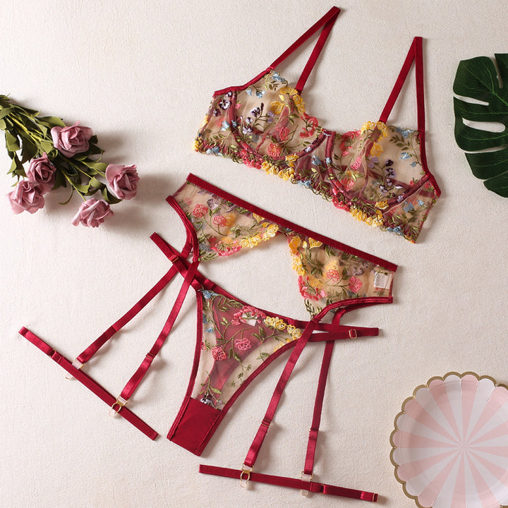 Sexy pastoral floral print lingerie three-piece set