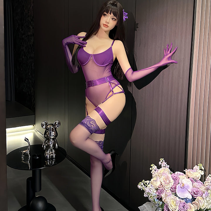 Strapped Mesh Lingerie Set – Sleek Bodysuit with Gloves