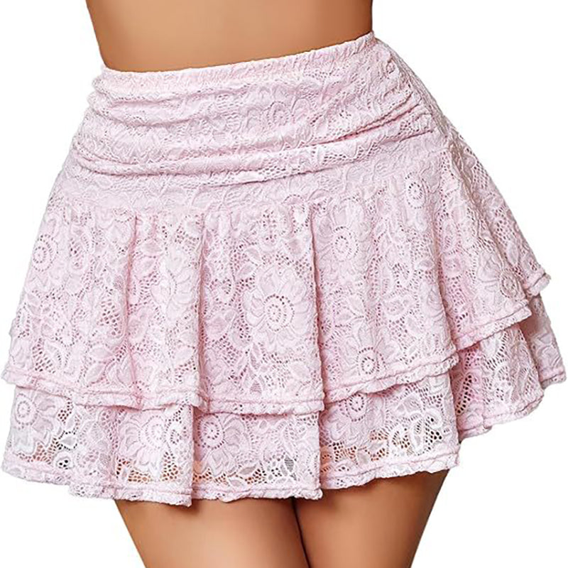Solid-color mid-to-high-waist skirt with lace detailing (short length)