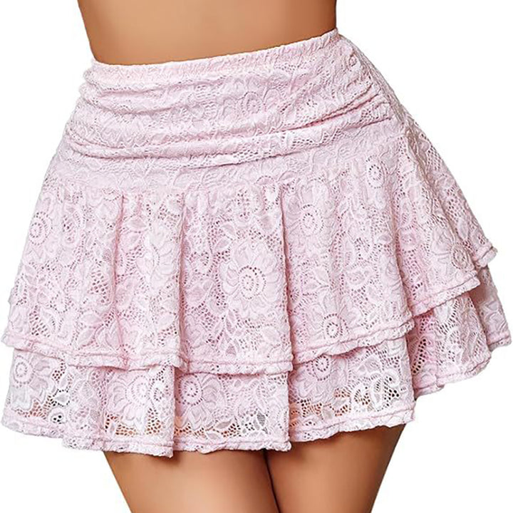 Solid-color mid-to-high-waist skirt with lace detailing (short length)