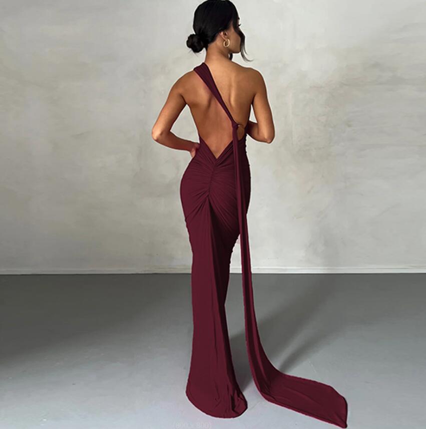 Sexy rückenfreies, plissiertes, schlankes, einfarbiges, ärmelloses, elegantes Kleid