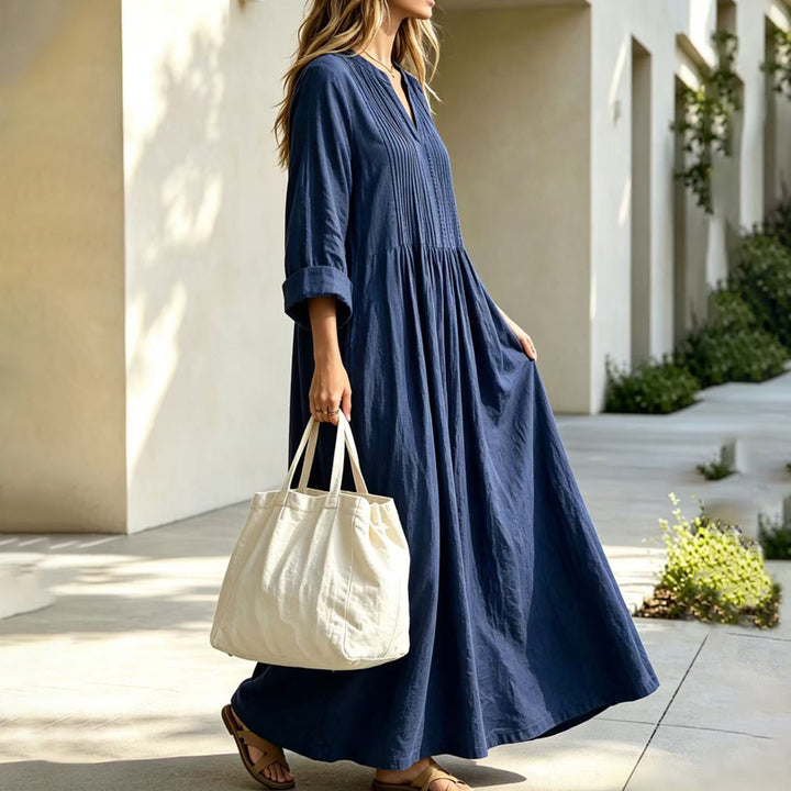 New Loose Casual V-Neck Long-Sleeve Pleated Dress