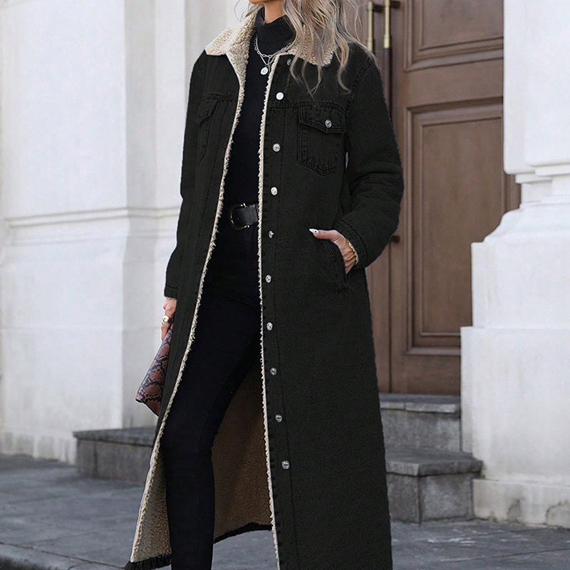 Oversized, long-line, fleece-lined denim jacket