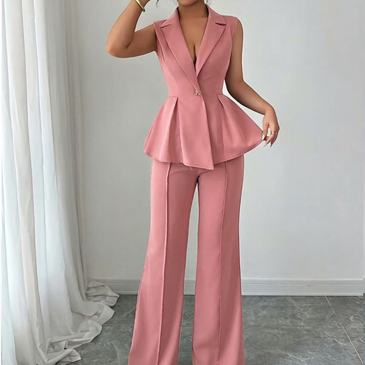 Stylish Deep V-Neck Sleeveless Pleated Top and Wide-Leg Pants Set