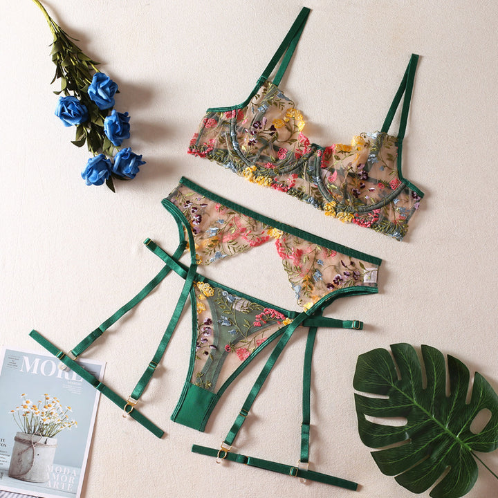 Sexy pastoral floral print lingerie three-piece set