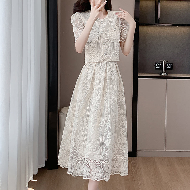 Beaded lace top and high-waisted, full-skirted midi skirt set
