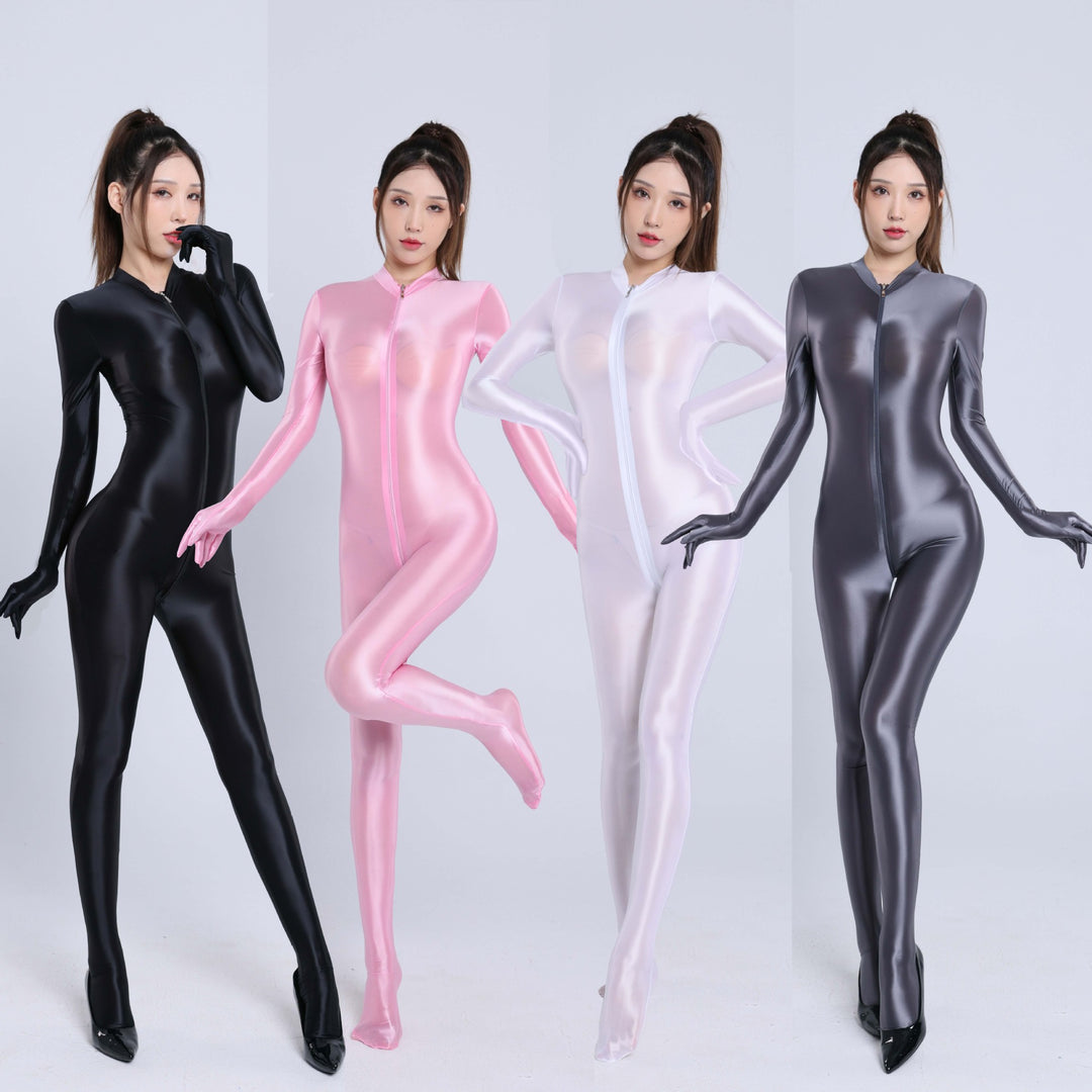 A smooth, silky double-zip bodysuit that covers the hands and feet.