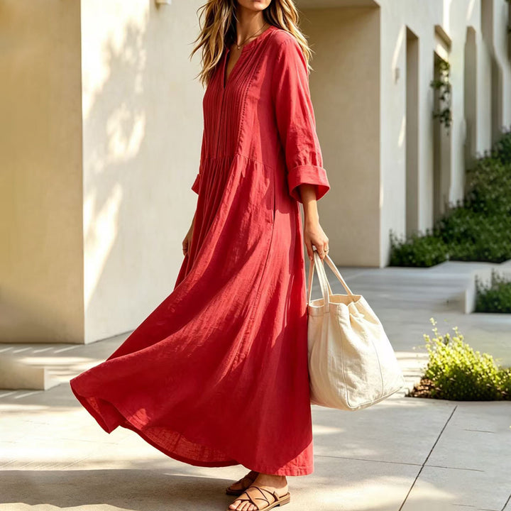 New Loose Casual V-Neck Long-Sleeve Pleated Dress