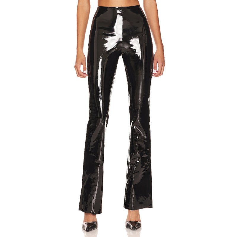 New high-waisted, slightly flared PU mirrored leather pants