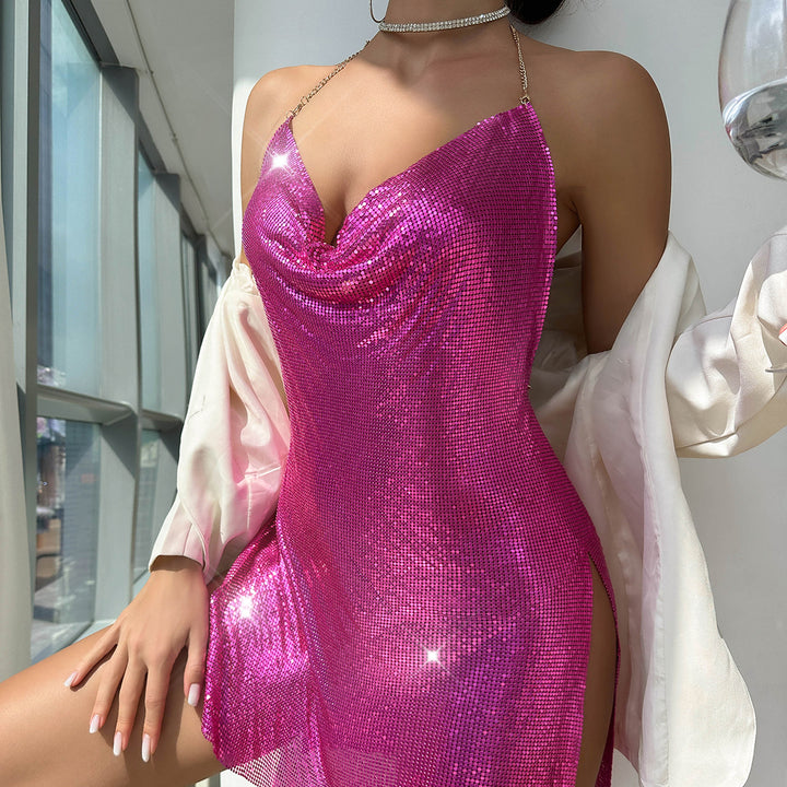 New backless metallic sequined spaghetti strap dress