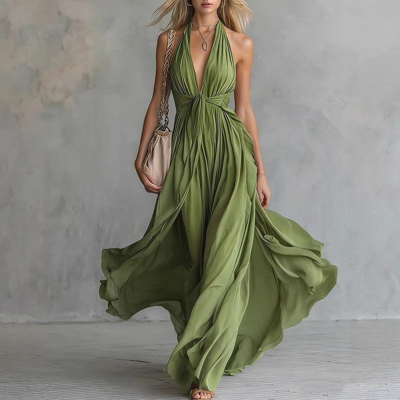 New sexy solid-color V-neck sleeveless waist-cinching dress