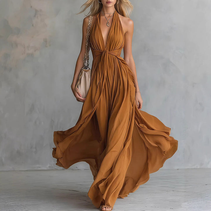 New sexy solid-color V-neck sleeveless waist-cinching dress