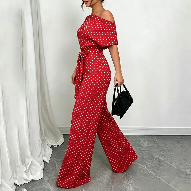 Women’s Asymmetric-Neck Off-Shoulder Cinched-Waist Jumpsuit