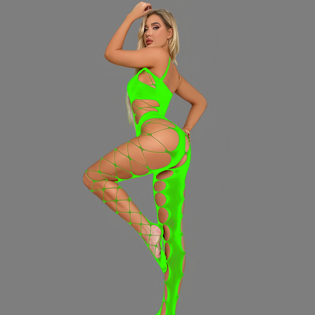 Open-crotch, strappy, sheer mesh bodysuit