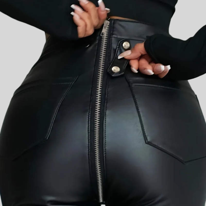 New zippered slim-fit black PU leather pants
