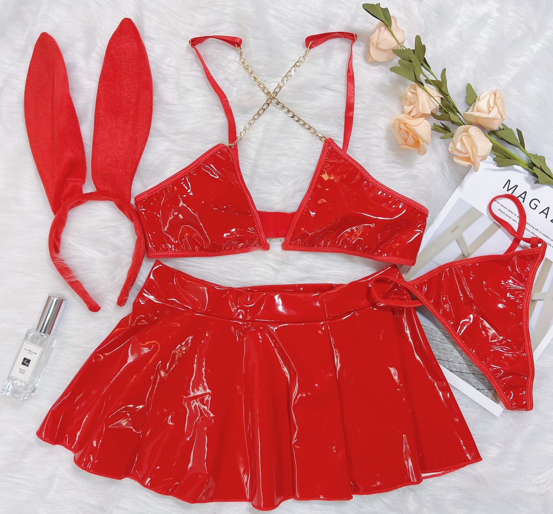 Patent leather bunny girl role play sexy lingerie set