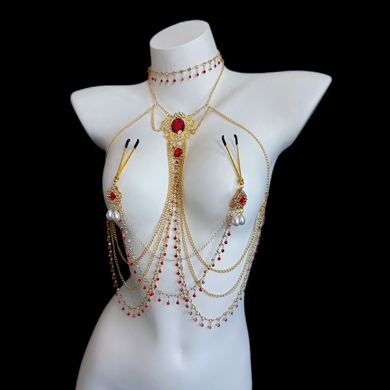 Red Multi-Layer Rhinestone Body Chain/Waist Chain