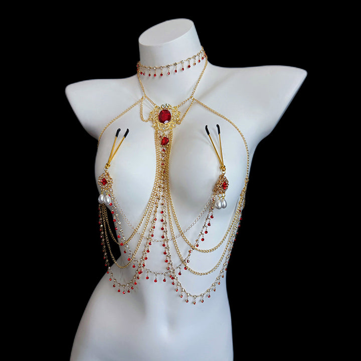 Red Multi-Layer Rhinestone Body Chain/Waist Chain