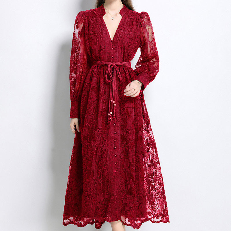 French-style embroidered V-neck dress with lantern sleeves