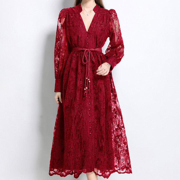 French-style embroidered V-neck dress with lantern sleeves