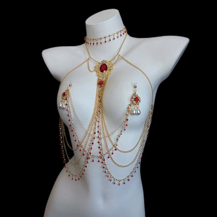 Red Multi-Layer Rhinestone Body Chain/Waist Chain