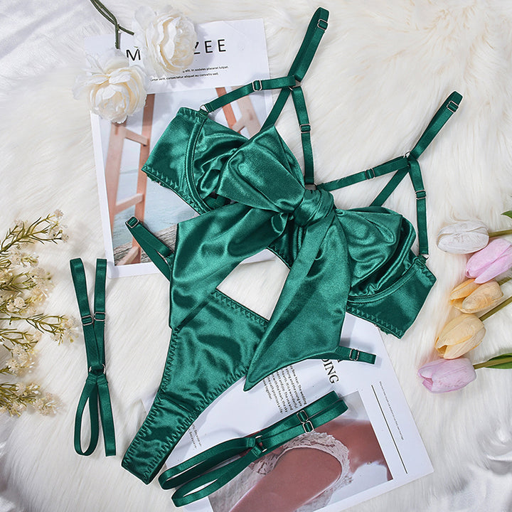 Sexy cut-out bow lingerie three-piece set