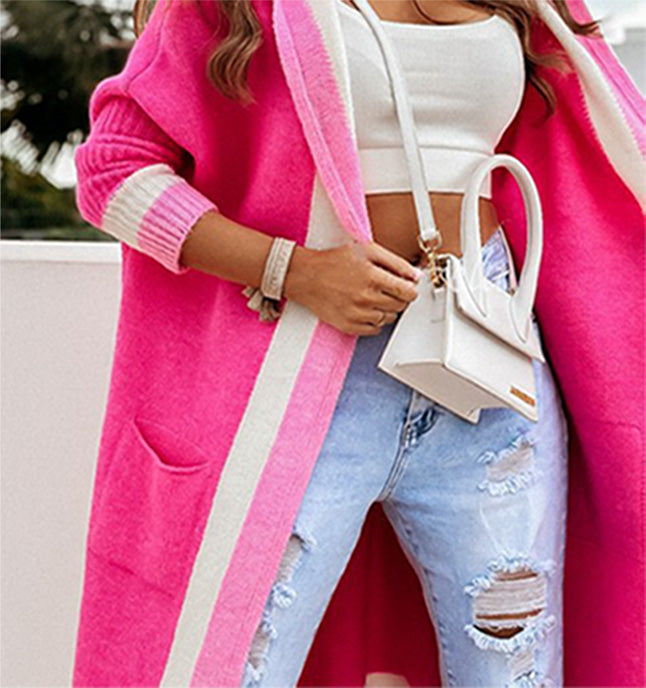 Versatile long hooded knit cardigan for autumn and winter