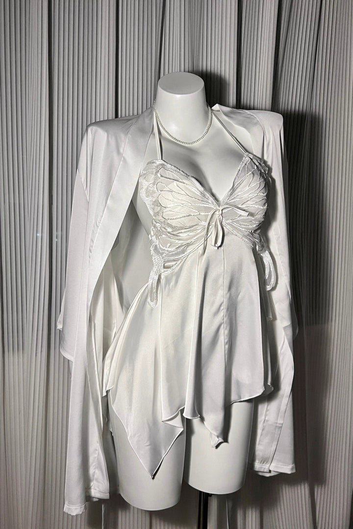 Sexy Bowknot Suspender Ice Silk Nightdress with Padded Bra