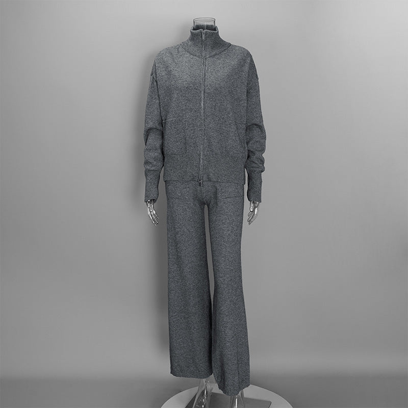 Collared knit top with two-way zipper and wide-leg trousers set
