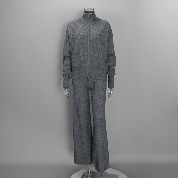 Collared knit top with two-way zipper and wide-leg trousers set