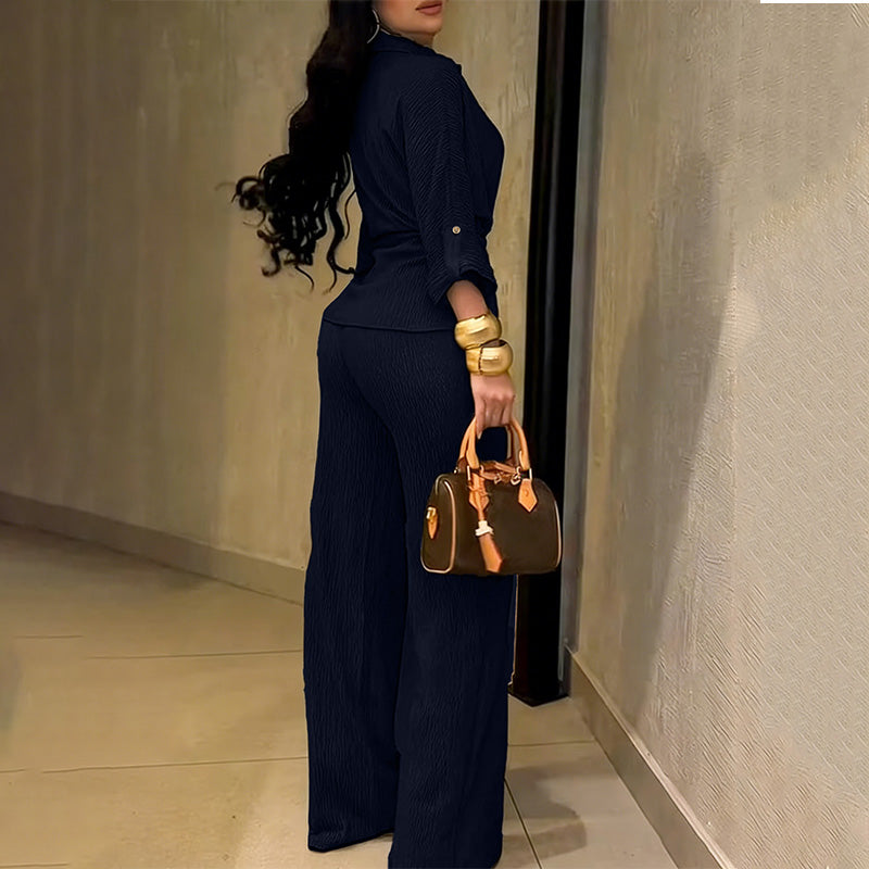 Women’s Collared Drawstring Top and Wide-Leg Pants Set