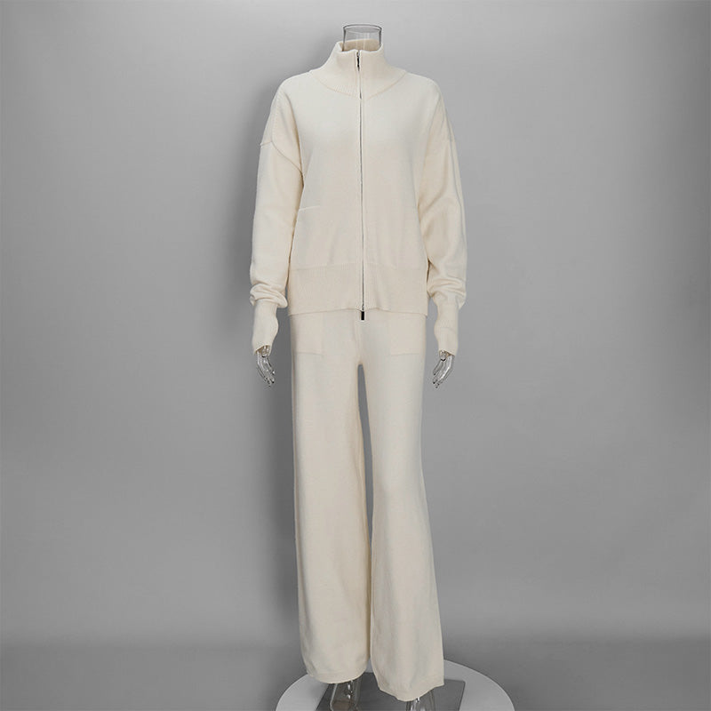 Collared knit top with two-way zipper and wide-leg trousers set