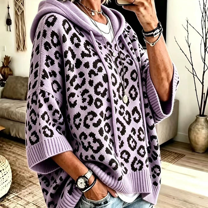 Leopard-print hooded knit sweatshirt/jacket (loose fit)