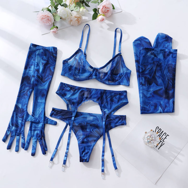 5-piece sexy lingerie set with gloves, stockings, and mesh print