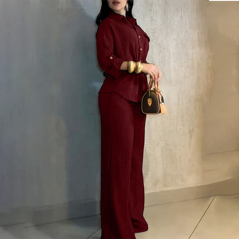 Women’s Collared Drawstring Top and Wide-Leg Pants Set