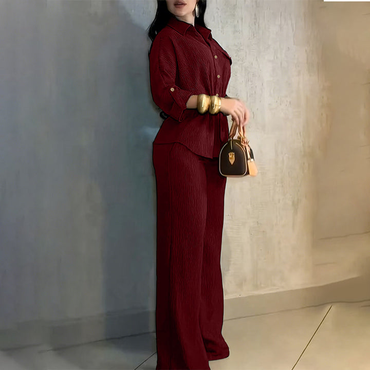 Women’s Collared Drawstring Top and Wide-Leg Pants Set