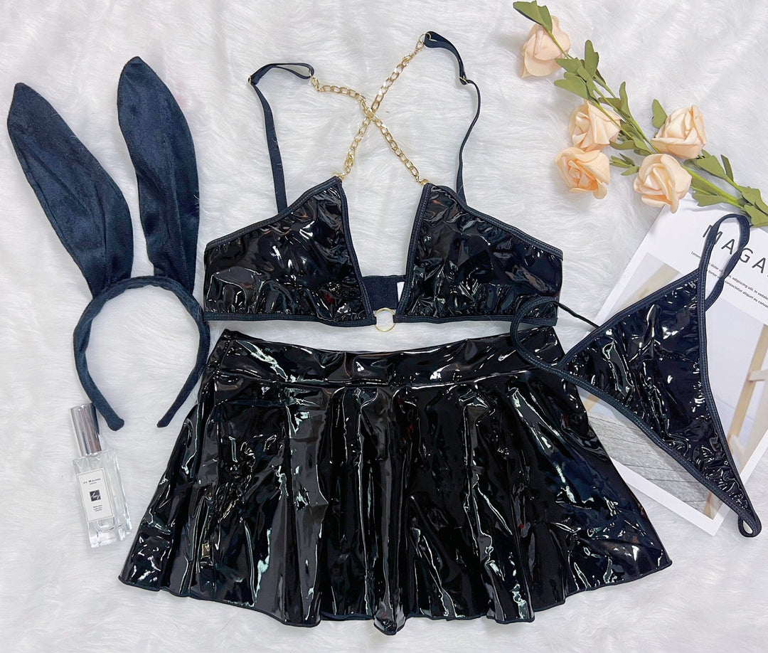 Patent leather bunny girl role play sexy lingerie set