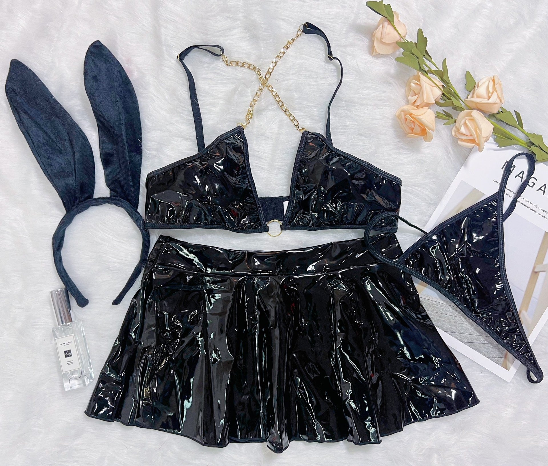 Patent leather bunny girl role play sexy lingerie set